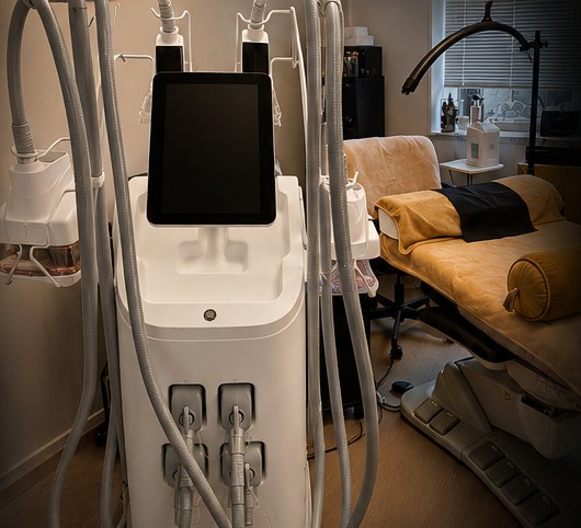 Behandlingsrommet med cryo- og vakuummaskin og behandlingsbenk